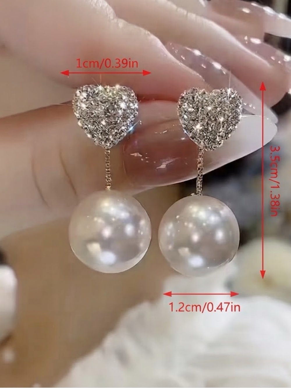 Crystal Heart Pearl Drop Earrings - White Pearl - Picture 3 of 3